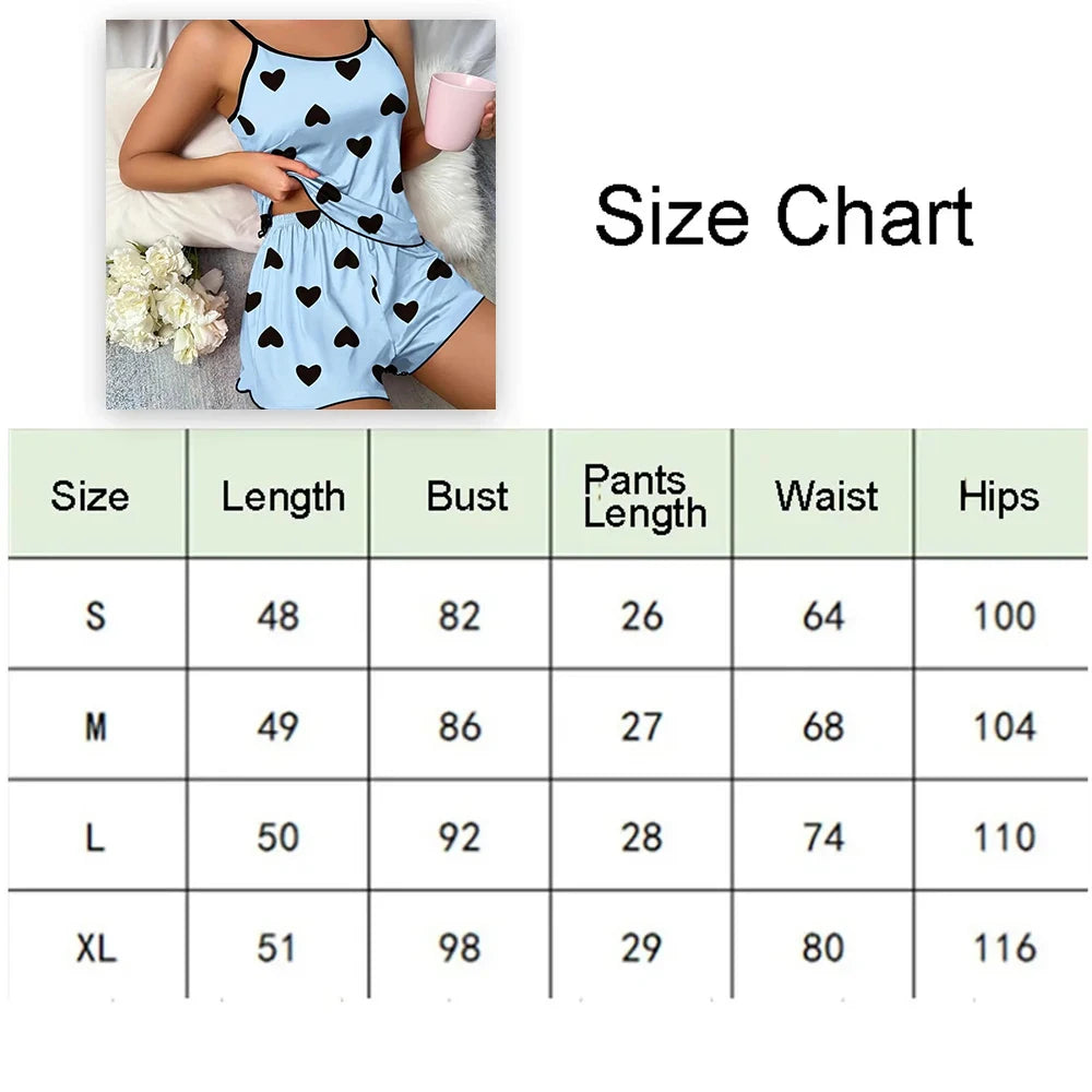 Women Pajama Set Sleeveless T Shirt Shorts Heart Print Summer
