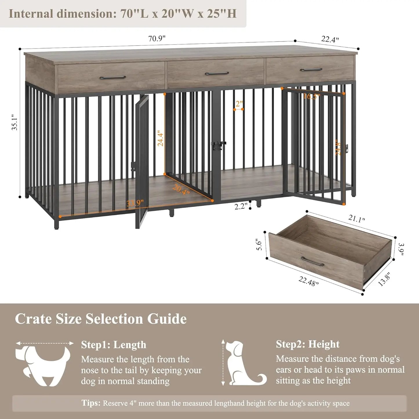 Double Dog Crate Furniture With Drawers And Removable Divider