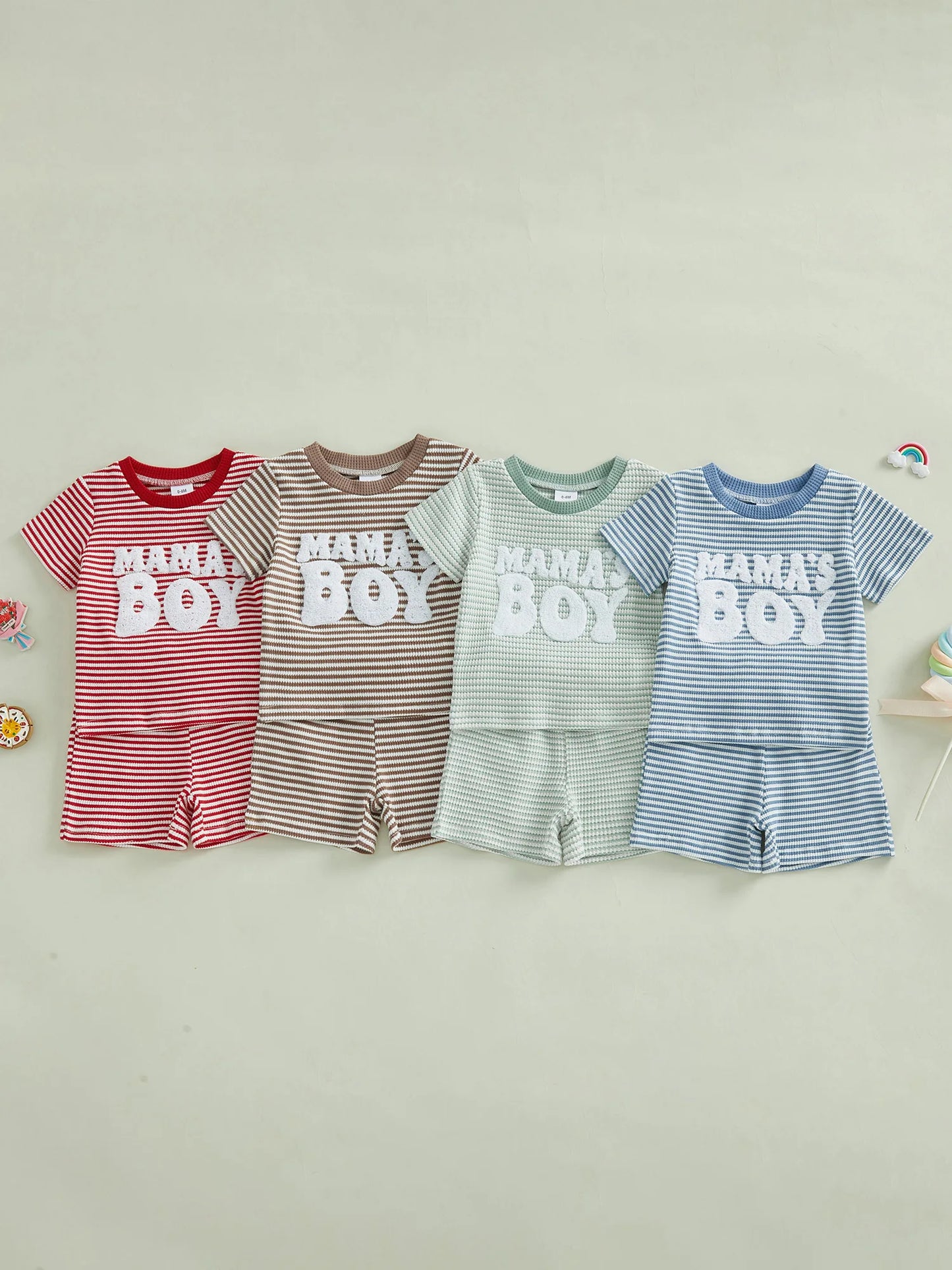 NONECN Baby Boy Summer Clothes Set Embroidered Striped Tee Shorts