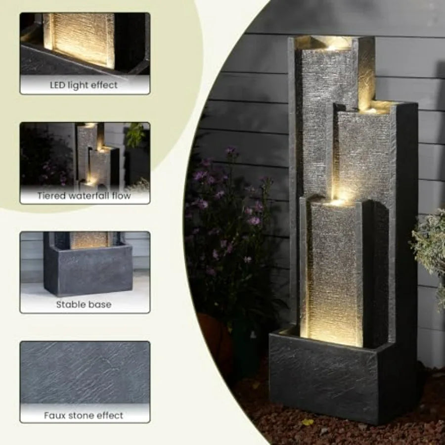Outdoor Water Fountain With Lights Cascading Pump For Garden Patio