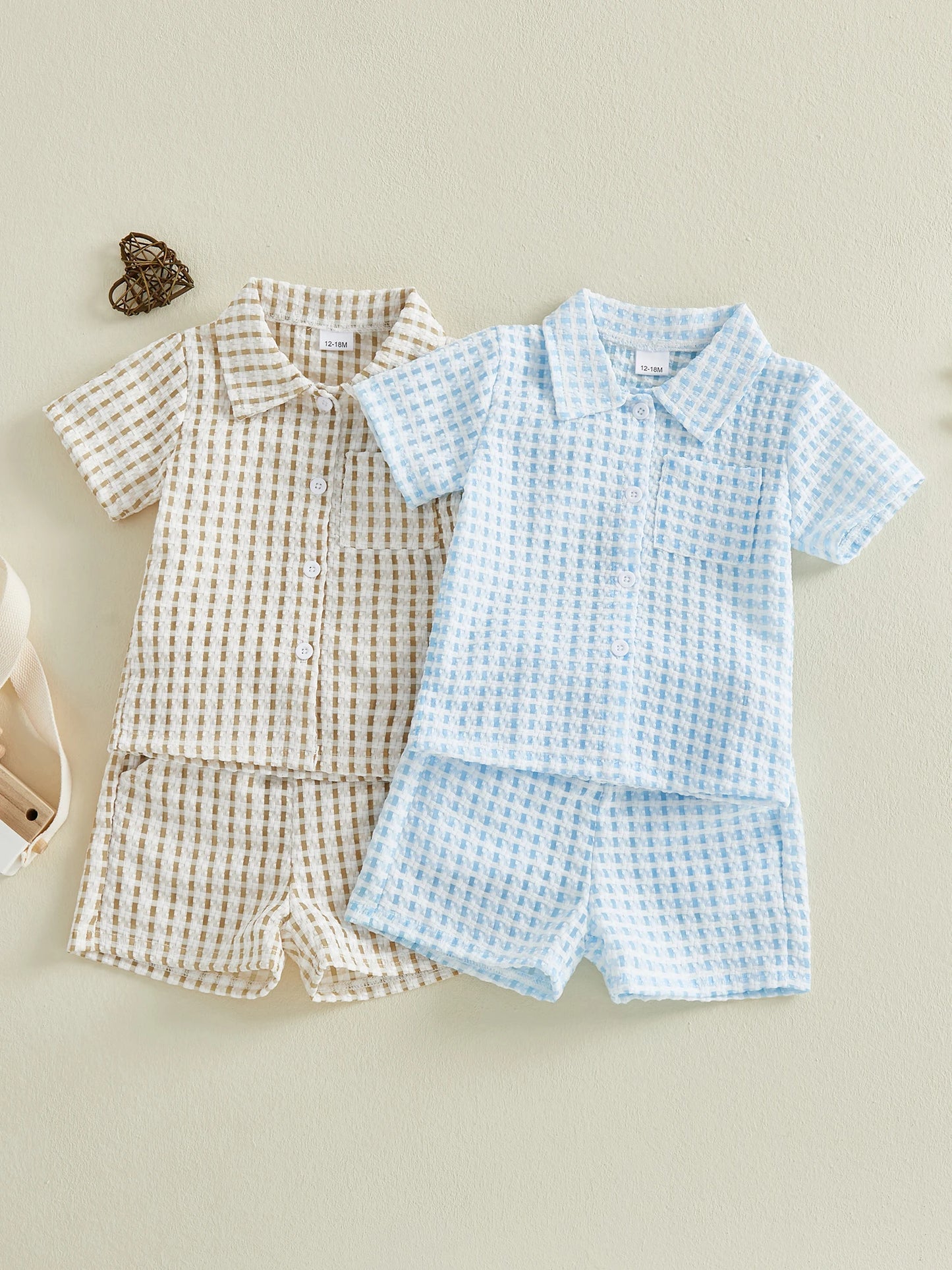 Infant Boy Summer Checkered 2 Piece Shirt And Shorts Set