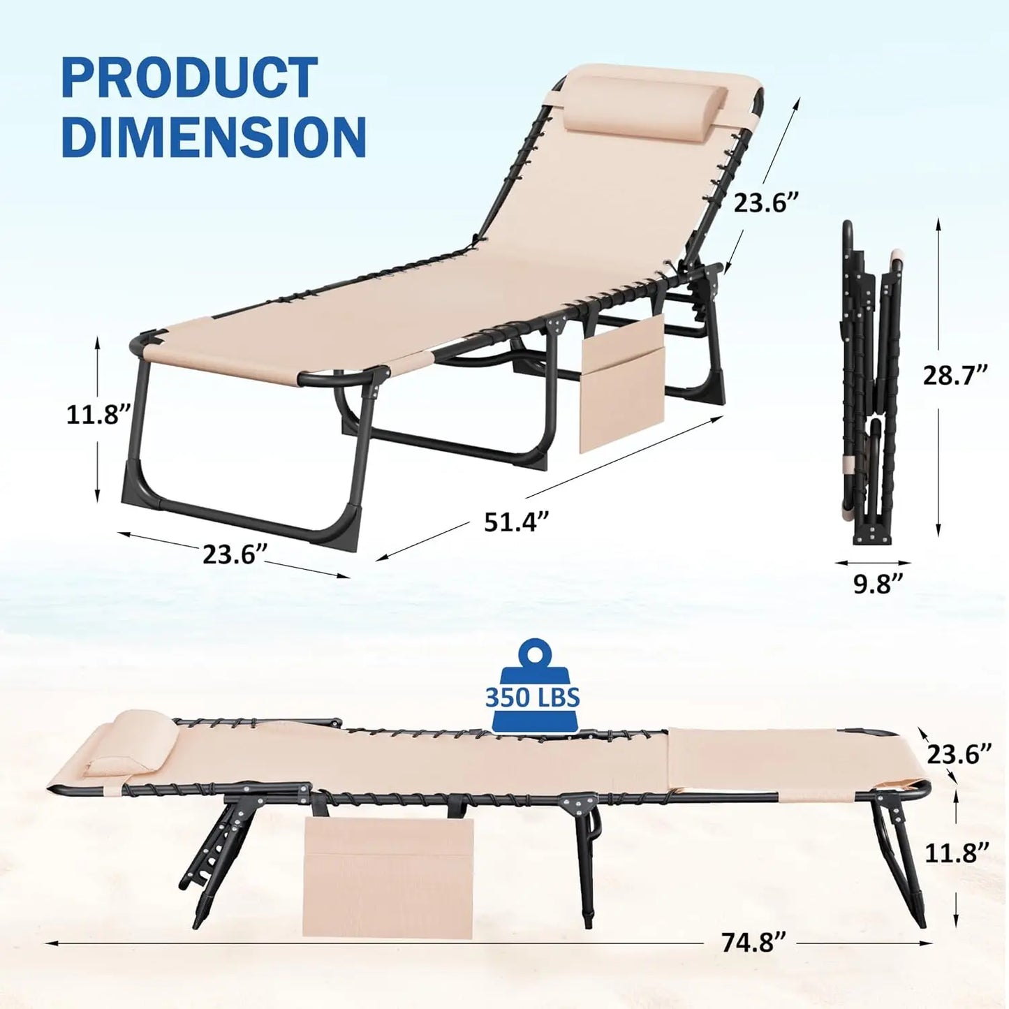 Beach Lounge Chair Outdoor Heavy Duty Folding Sun Tanning Chair