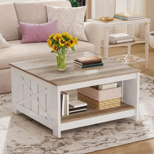 Square Farmhouse Coffee Table With Storage 2 Tier Wood Center