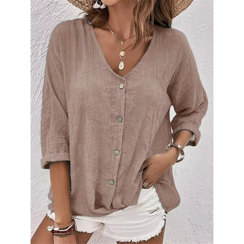 V Neck Long Sleeve T Shirt Button Front Women Topwear