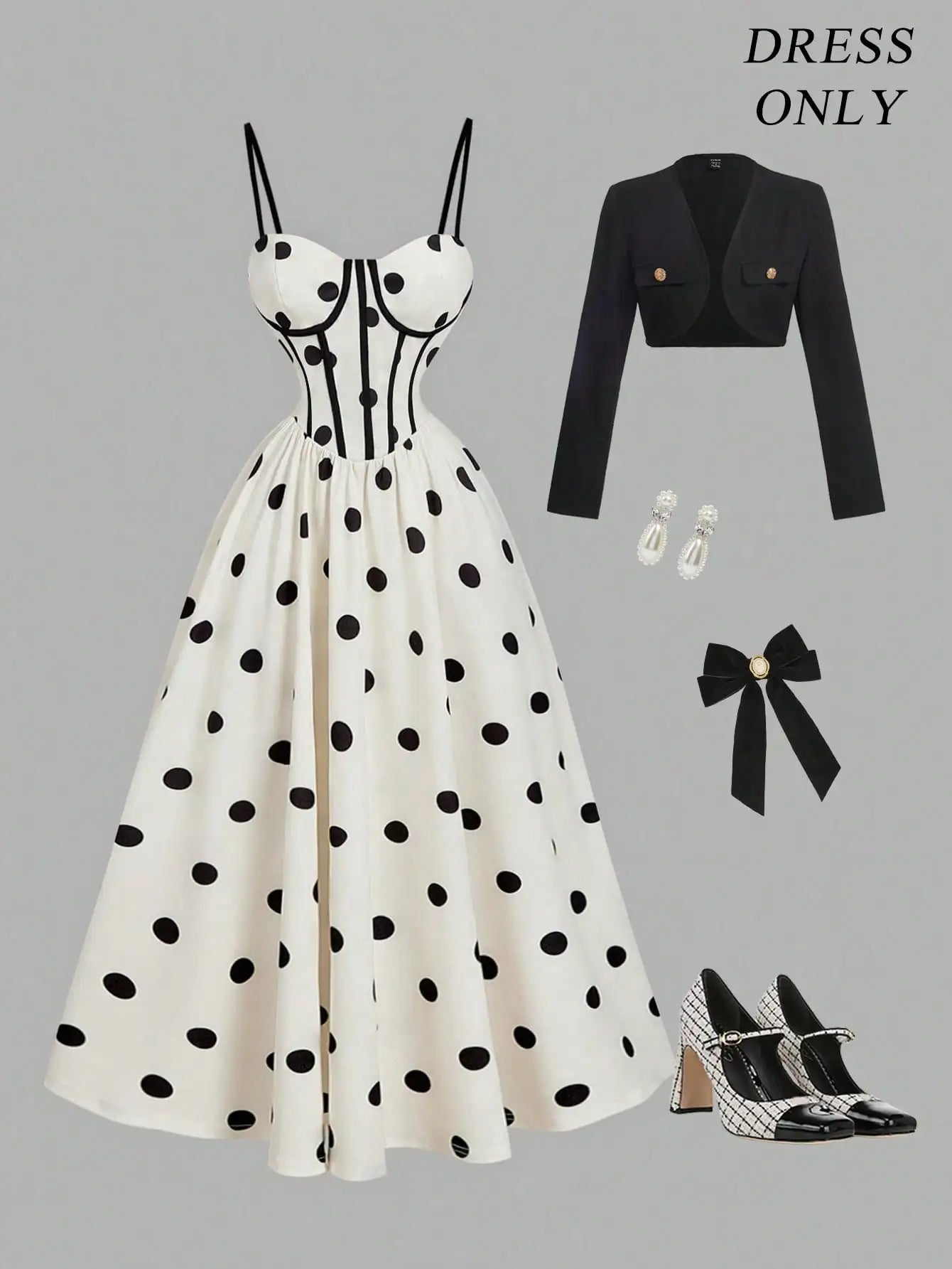 Polka Dot Midi Dress With Corset Bodice Flared Skirt