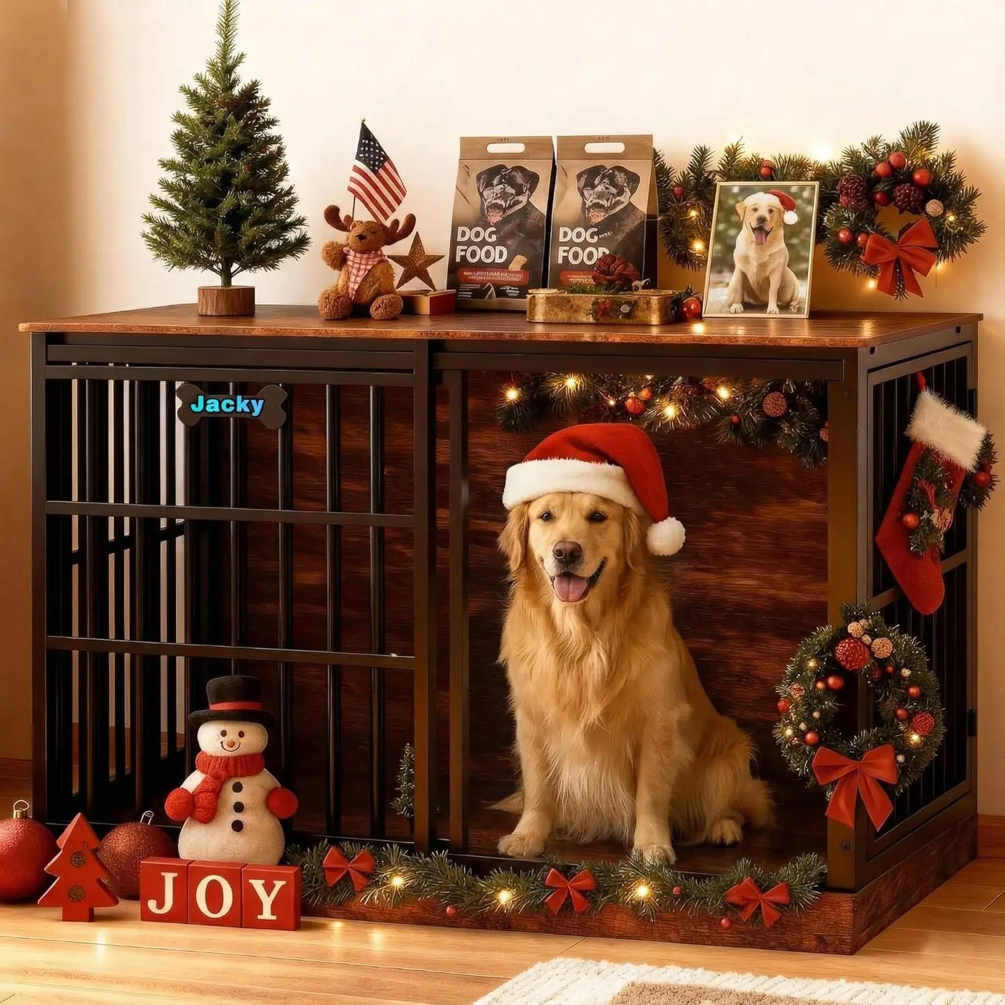 47in Wooden Dog Crate with Name Tag, Sliding Barn Door, Heavy Duty Indoor Kennel, Side End Table, TV Stand, Brown, Custom