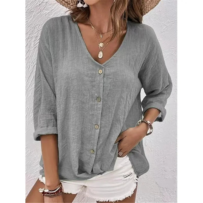 V Neck Long Sleeve T Shirt Button Front Women Topwear