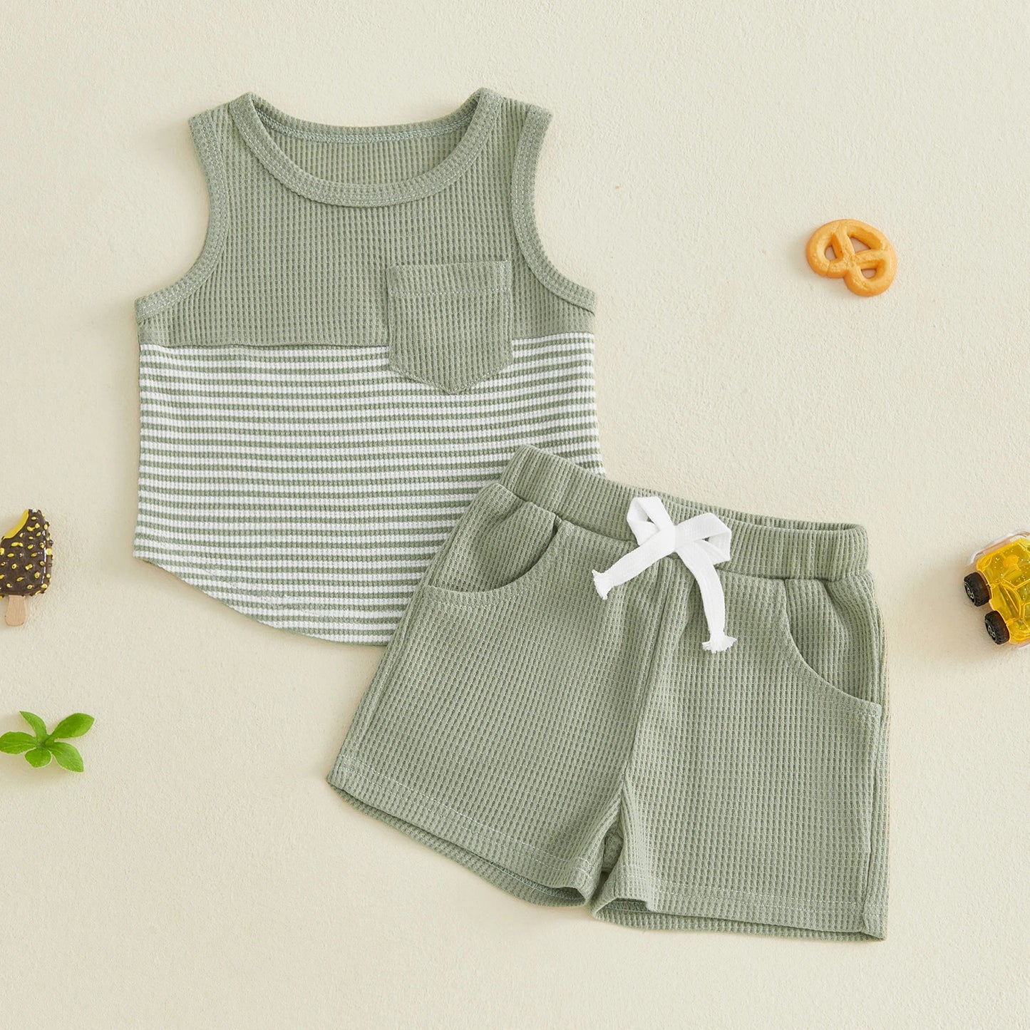 Cute Baby Girls Round Neck Sleeveless Striped Top And Shorts