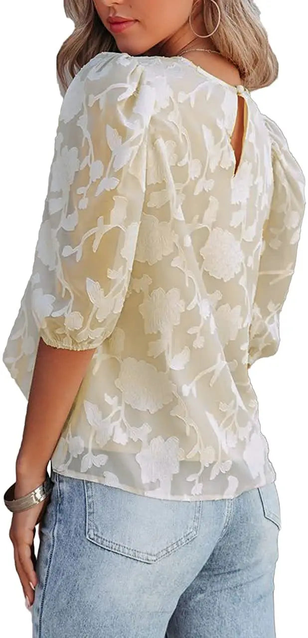 Women Puff Sleeve Chiffon Blouse Floral Lace Trim Loose Fit