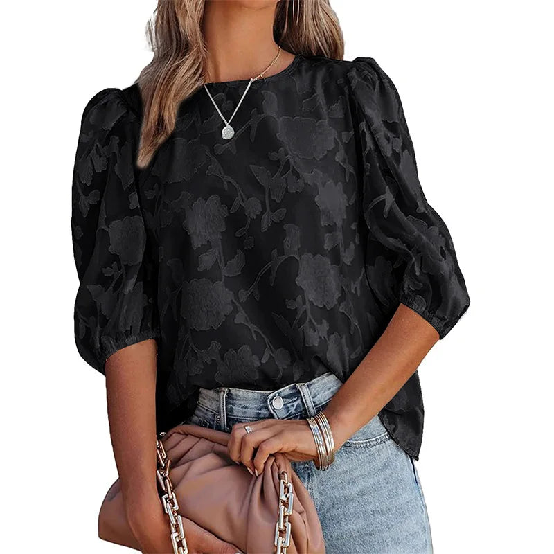 Women Puff Sleeve Chiffon Blouse Floral Lace Trim Loose Fit