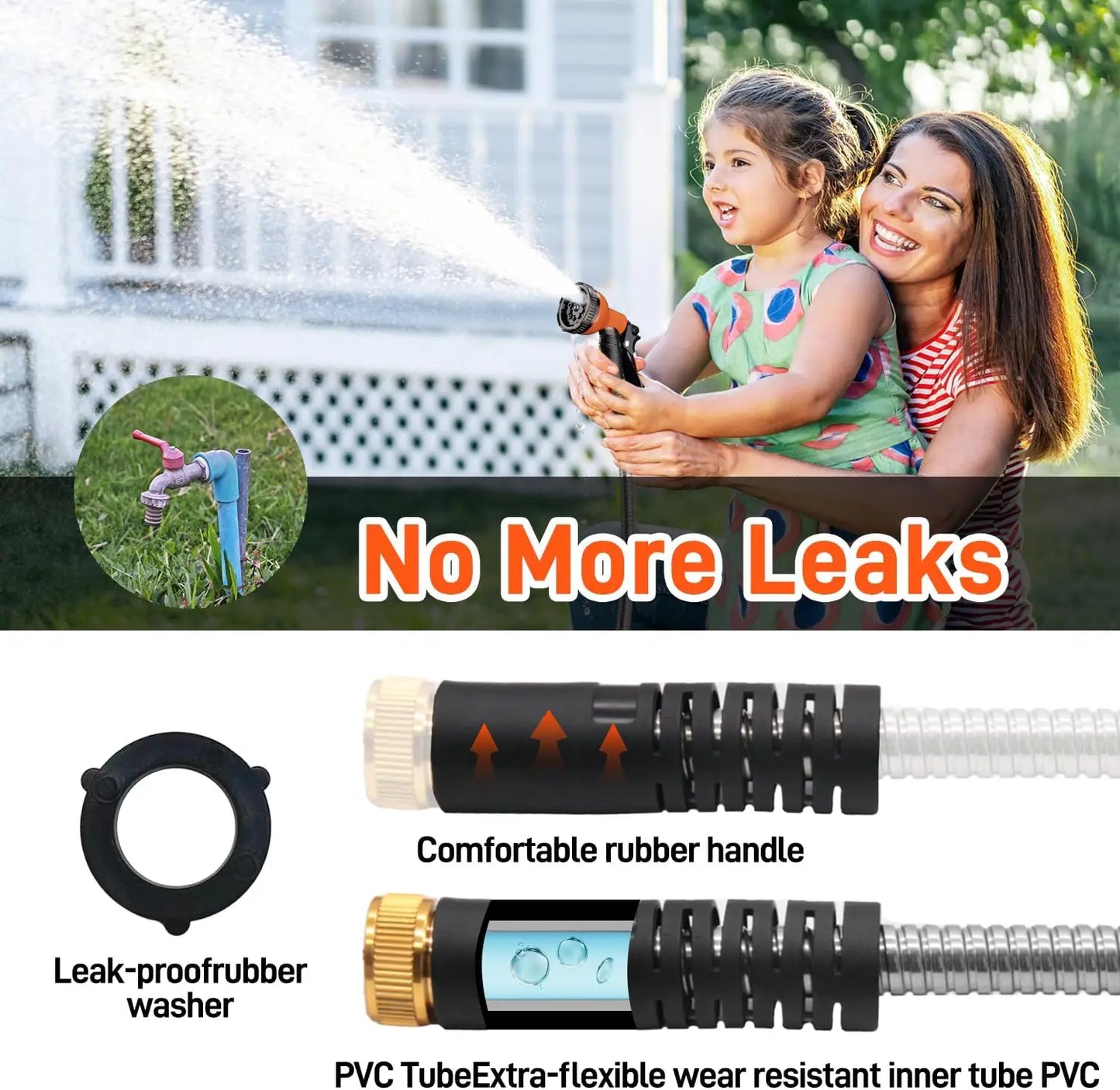 50ft Stainless Steel Garden Hose With 10 Function Adjustable Spray Nozzle Heavy Duty Metal Water Hose For Yard Lawn