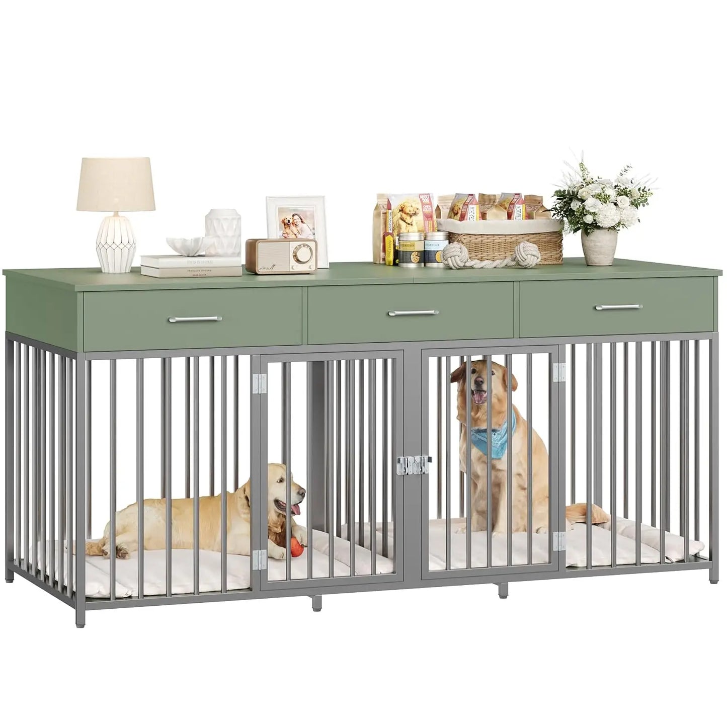 Double Dog Crate Furniture With Drawers And Removable Divider