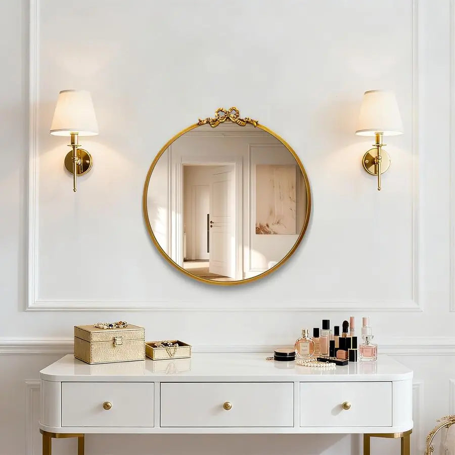 Round Gold Bow Mirror For Bathroom Vanity Baroque Circle Decor