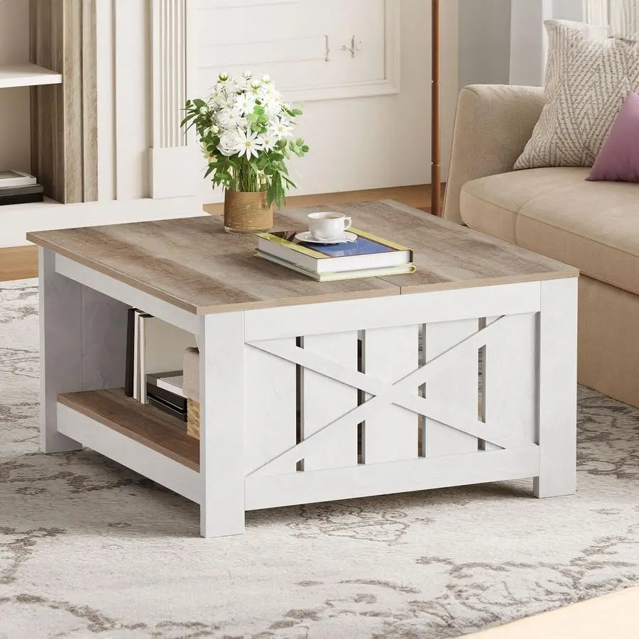 Square Farmhouse Coffee Table With Storage 2 Tier Wood Center