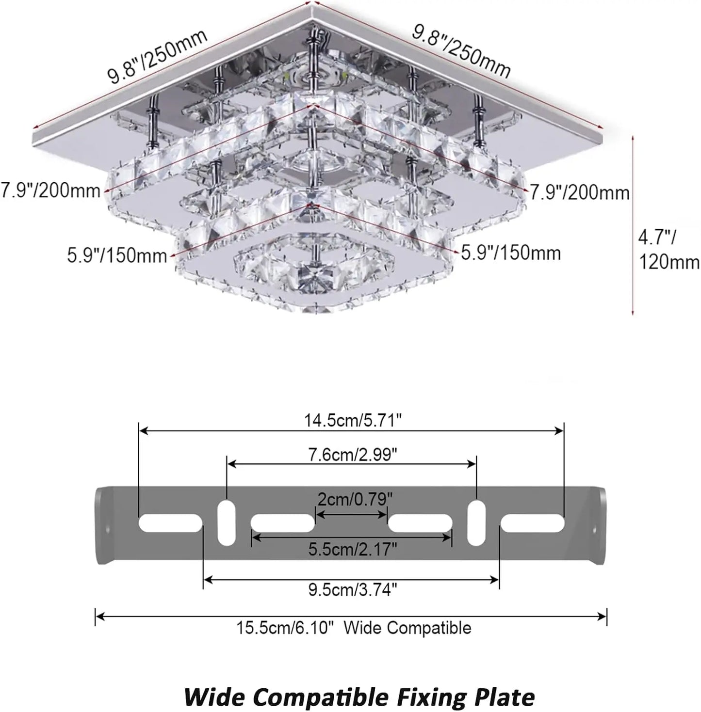 FRIXCHUR Crystal Flush Mount LED Ceiling Light Square K9 Mirror Base