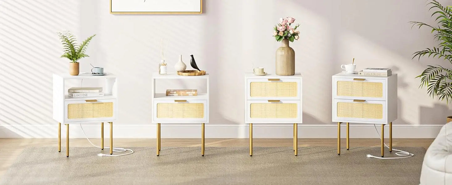 XIUWO Nightstand With Charging Station Rattan Bedside Table