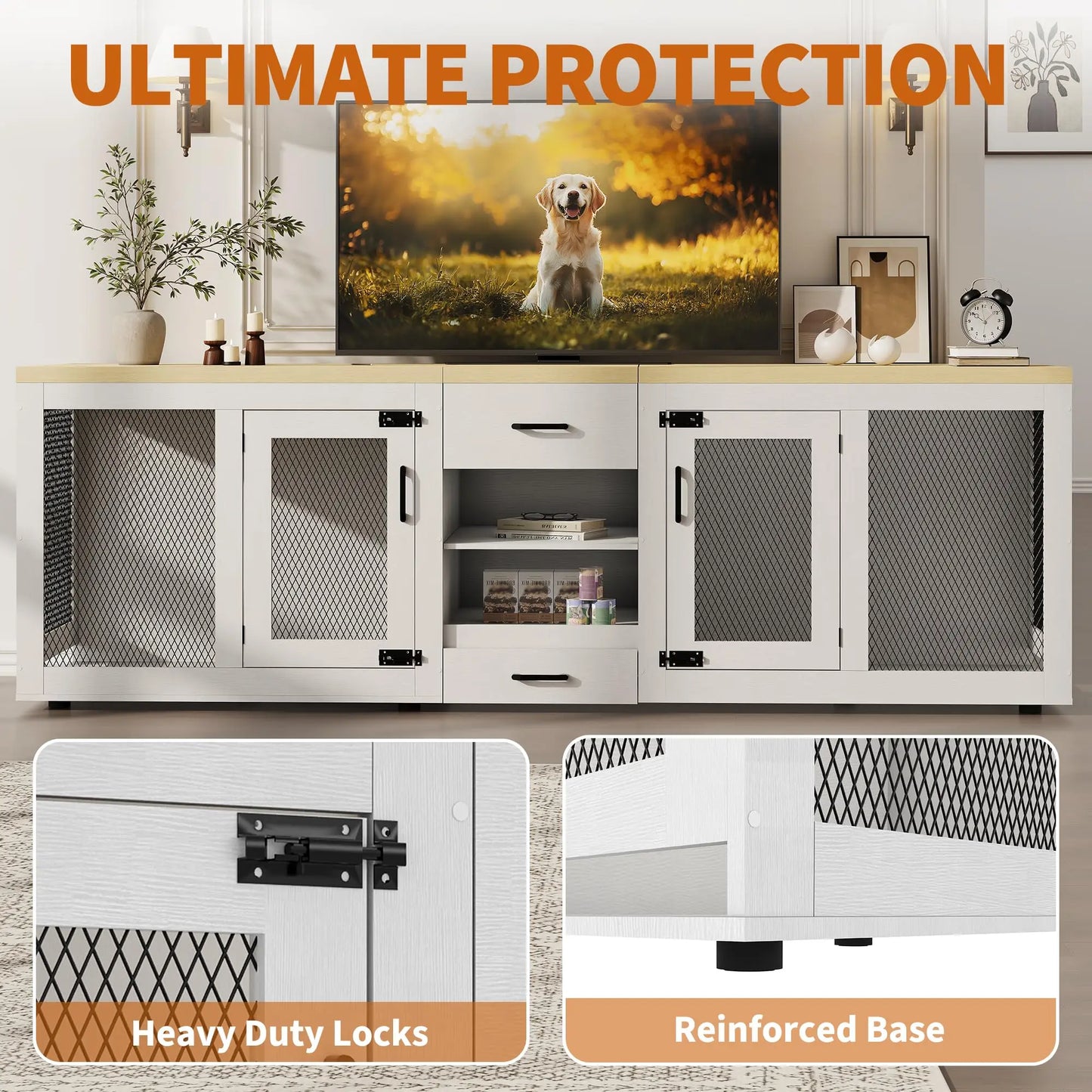 HiMISS Dog Crate TV Stand With Feeding Station And Storage
