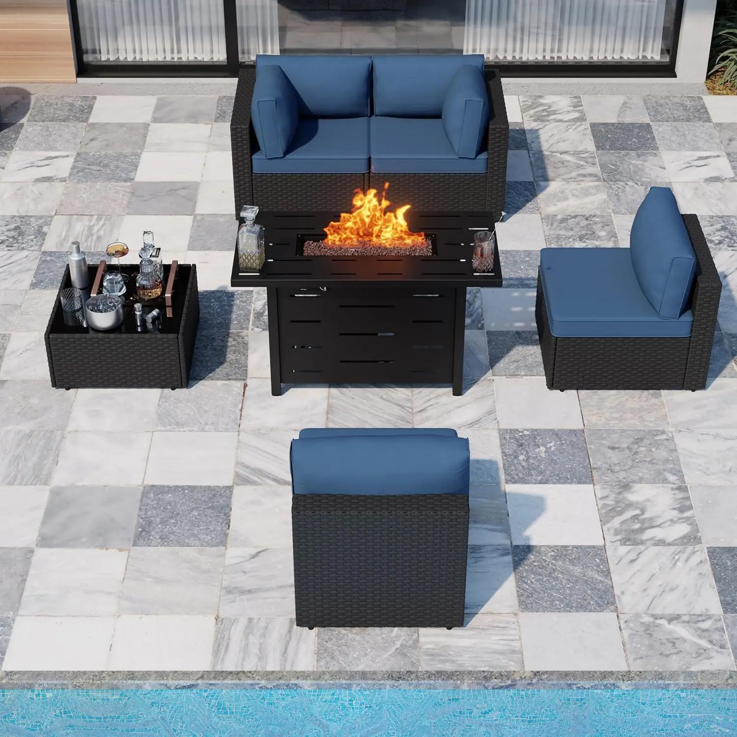 PE Rattan Sofa Set With Fire Pit Table And Cushions