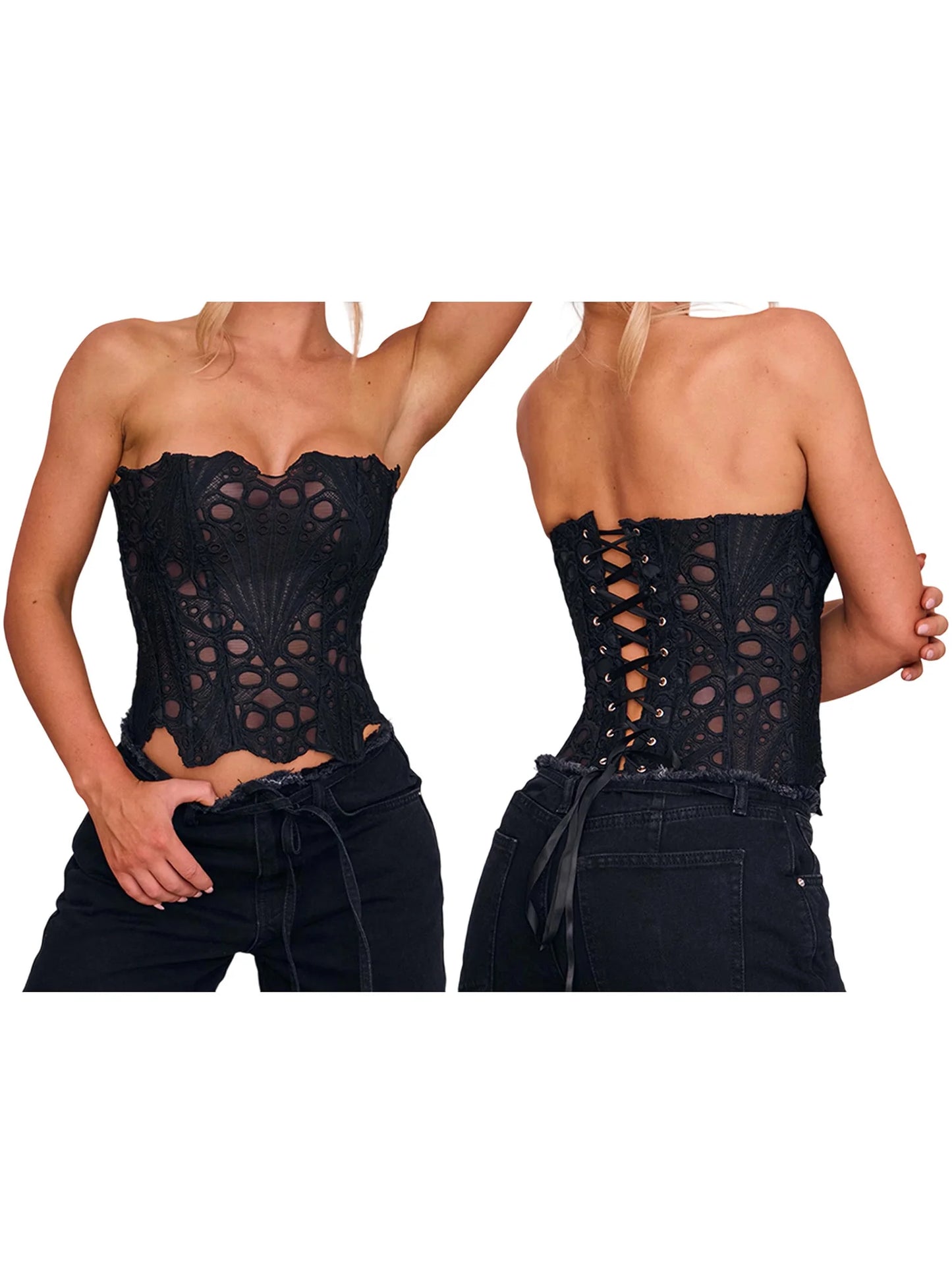 Hirigin Women Cotton Bodysuit Solid Backless Lace Up Bandeau