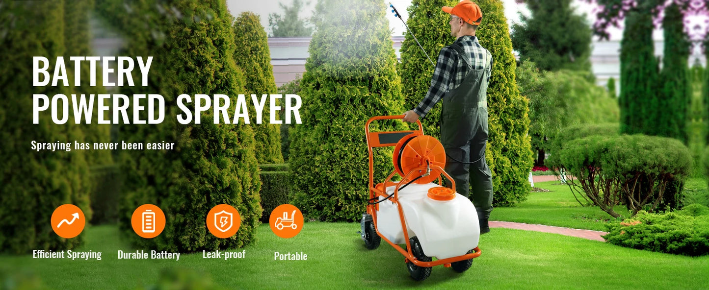 SucceBuy Battery Powered Garden Sprayer With Wheeled Cart Hose Reel