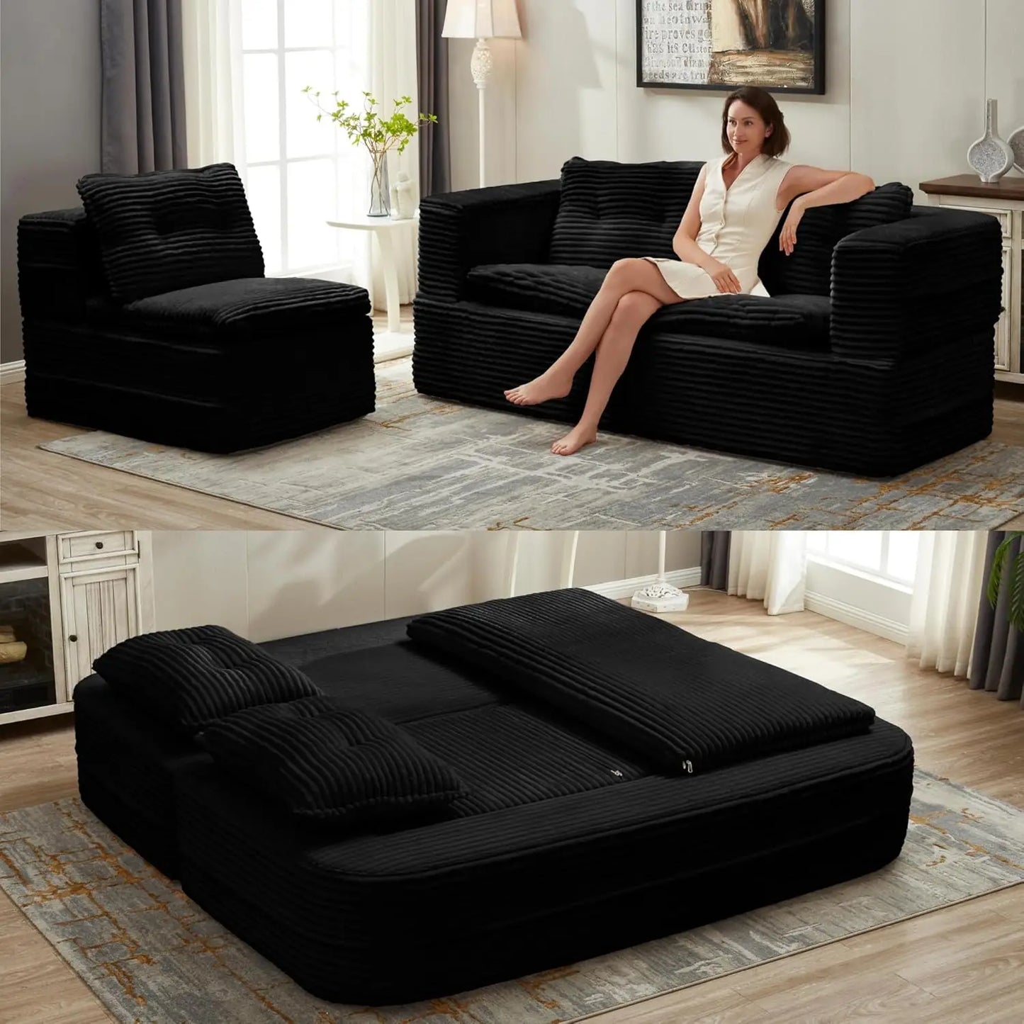 Corduroy Futon Sofa Bed L Shaped Sleeper With Chaise