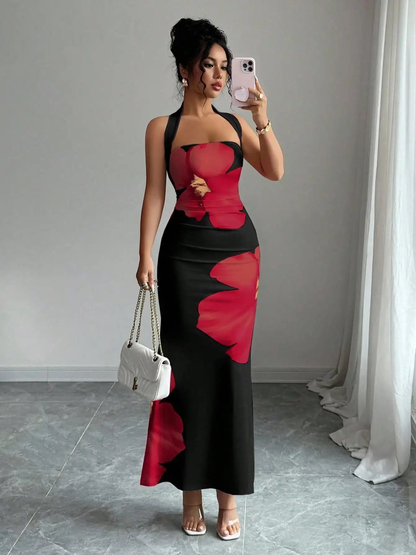 Halter Neck Floral Print Slim Fit Midi Dress For Summer