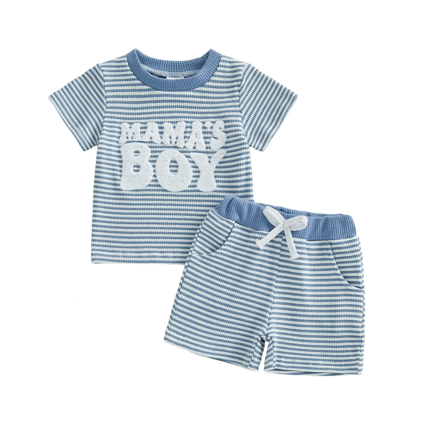 NONECN Baby Boy Summer Clothes Set Embroidered Striped Tee Shorts