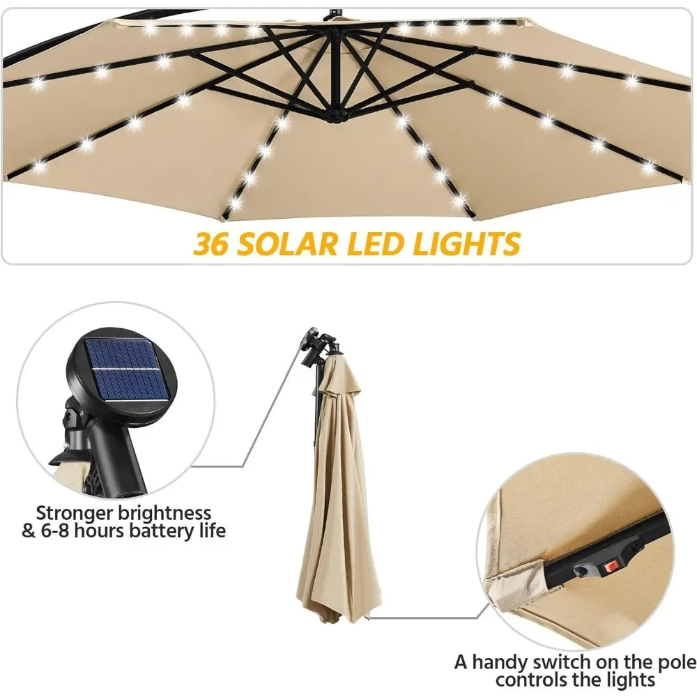 Solar Offset Cantilever Umbrella With LED Lights And Crank Base