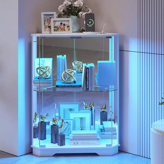 ZHILU Corner Curio Cabinet With Glass Doors LED Charging Station