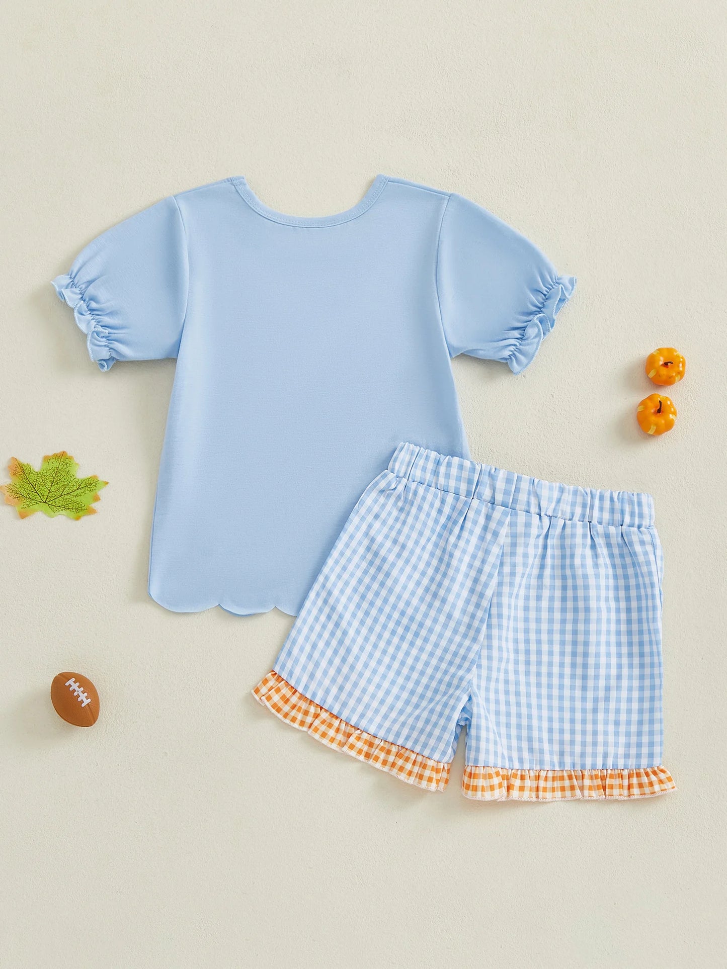 Baby Girls Halloween Costume Embroidered Tee With Plaid Ruffle Shorts Set