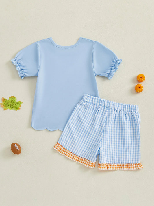 Baby Girls Halloween Costume Embroidered Tee With Plaid Ruffle Shorts Set