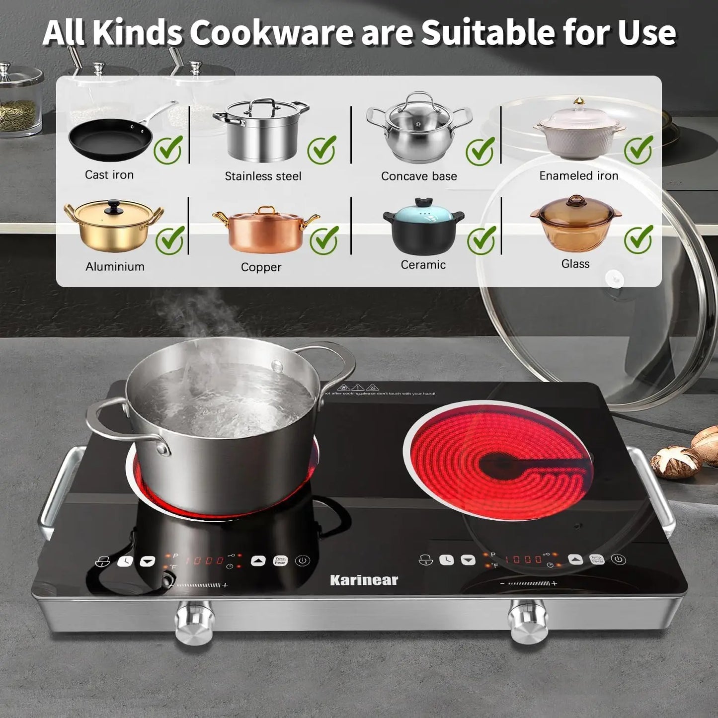 Karinear Ceramic 2 Zone Electric Hob 3200W With Safety Lock