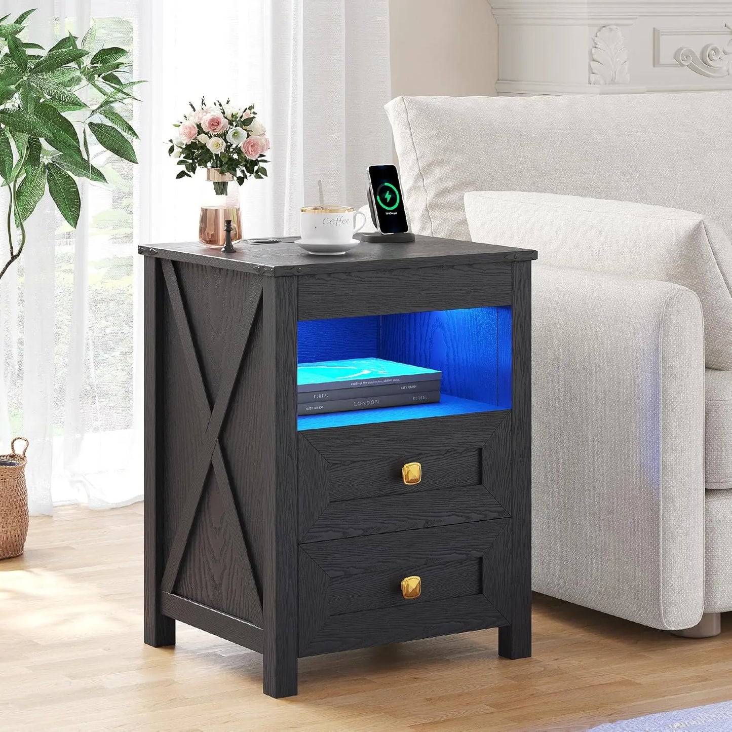 Frame LED Nightstand With Gun Drawer And Charging Station