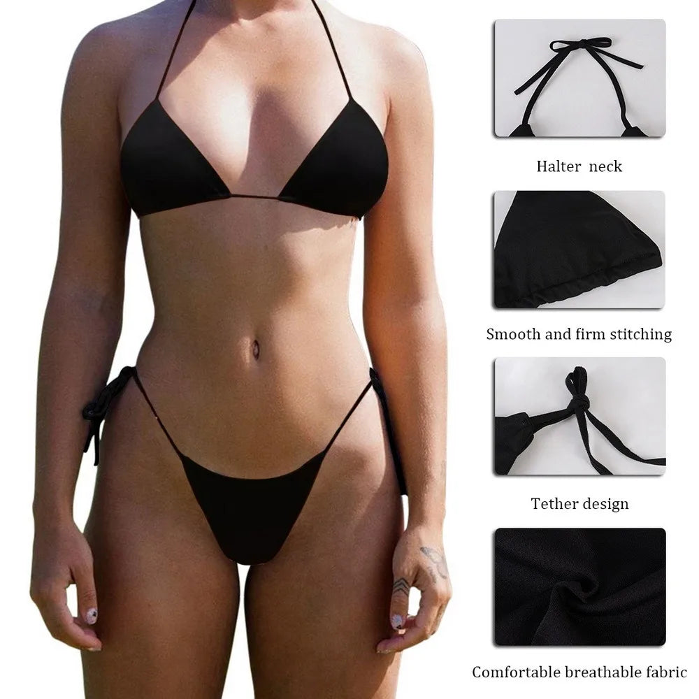 Women Halter Bikini Set Two Piece Solid Swimwear For Summer