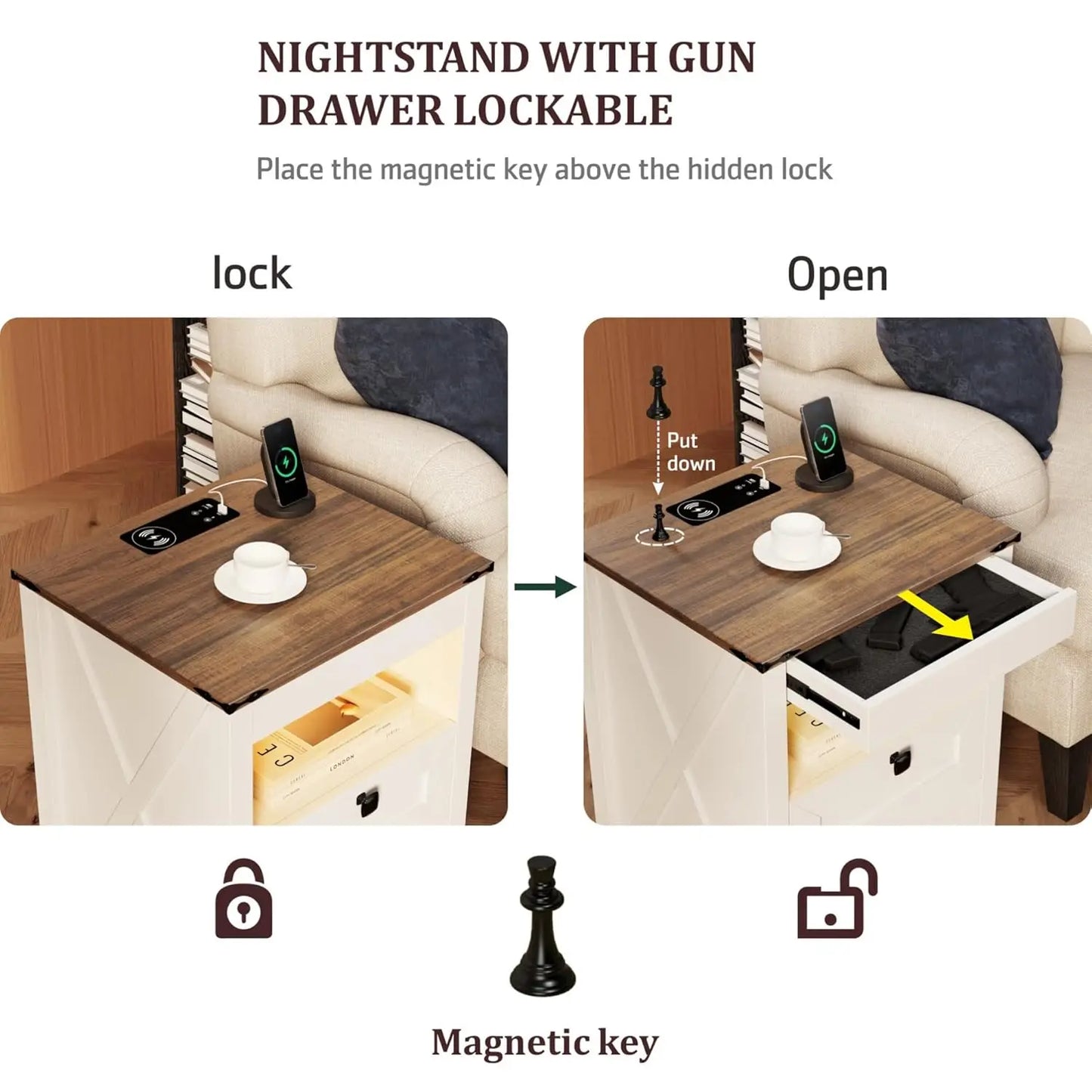 Frame LED Nightstand Set Of 2 Gun Drawer Charging Station