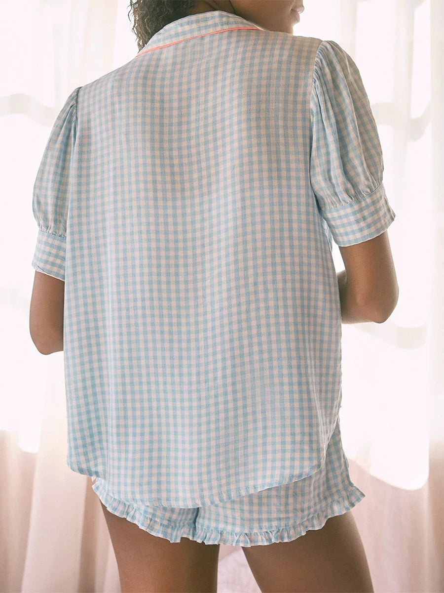 Hirigin Women Plaid Pajama Set Short Sleeve Shorts