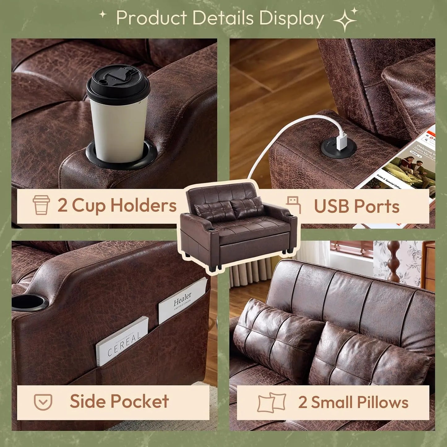 Rustic Futon Sofa Bed Convertible Loveseat With USB Ports