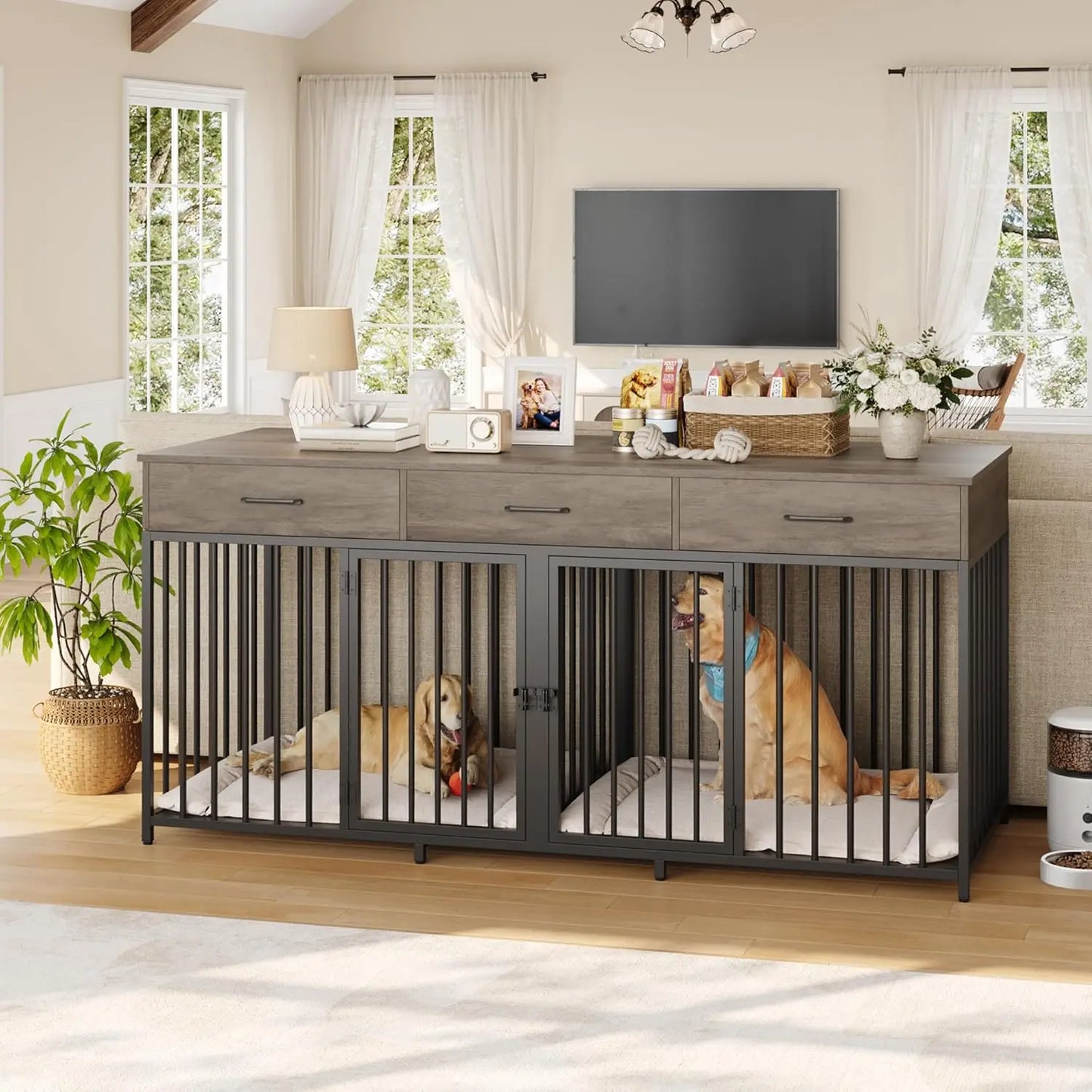 Double Dog Crate Furniture With Drawers And Removable Divider
