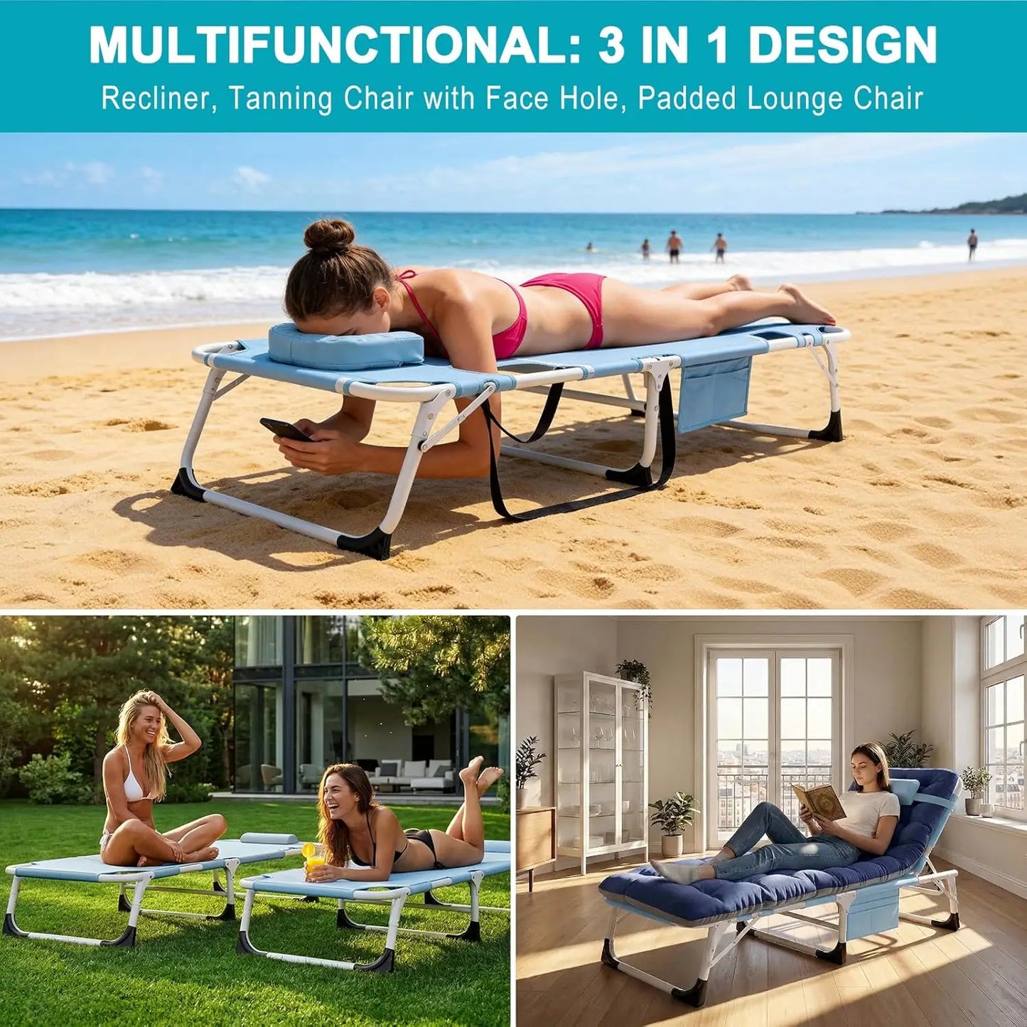 3 In 1 Sun Tanning Chair Folding Chaise Lounge