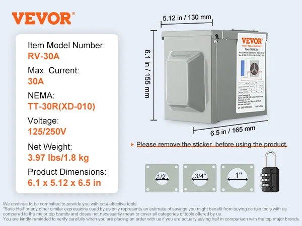 RV Power Outlet Box 30A 50A Heavy-Duty Iron Casing Lock