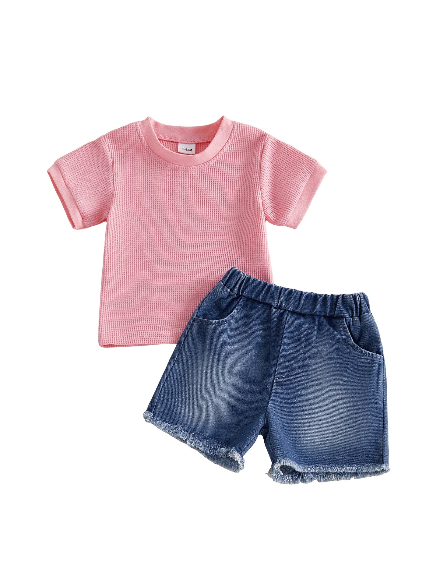 Two-Piece Infant Summer Outfit Set Crew Neck Tops Denim Shorts
