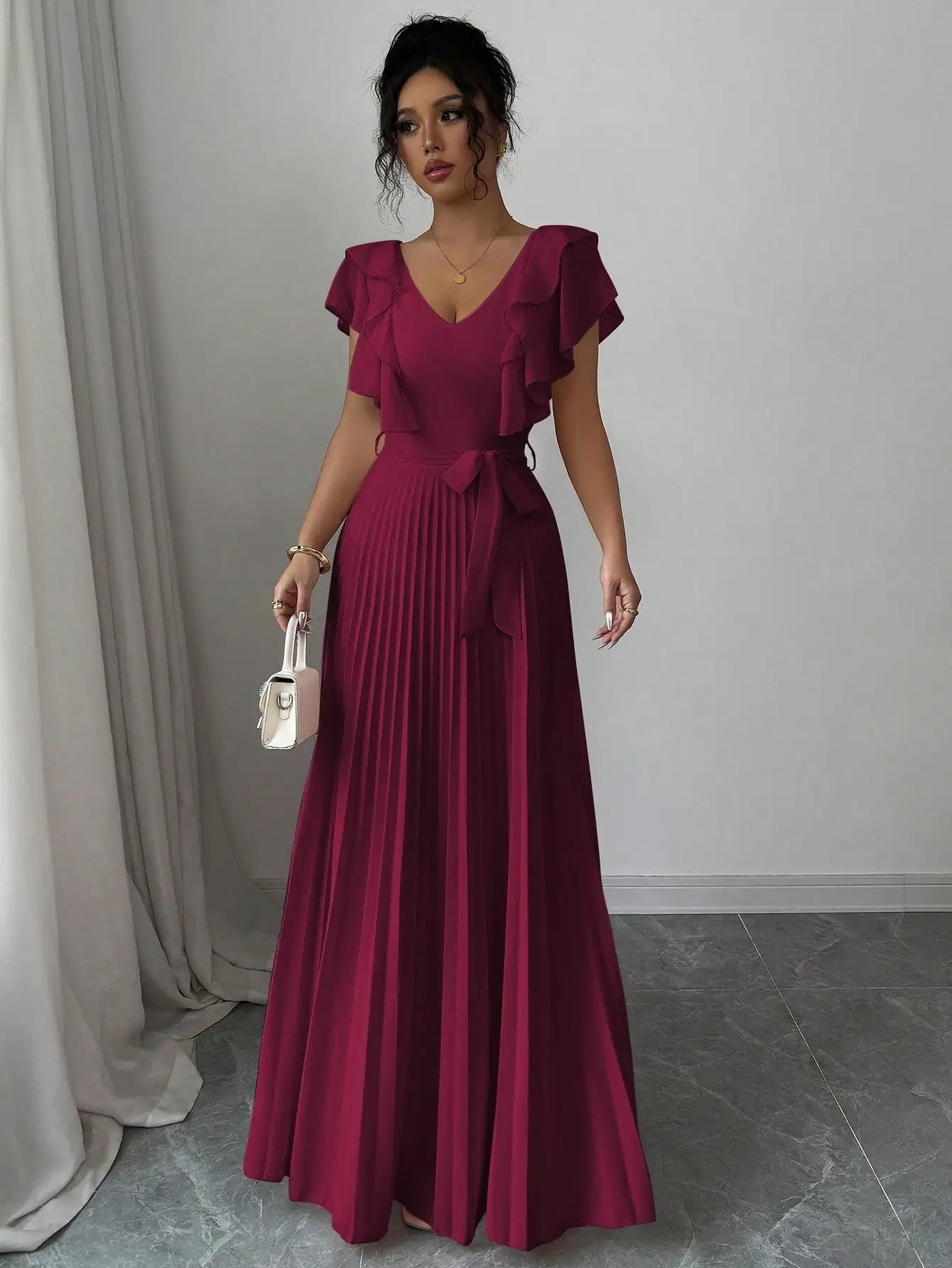 V-Neck Ruffle Sleeve Pleated A-Line Maxi Dress With Waist Tie