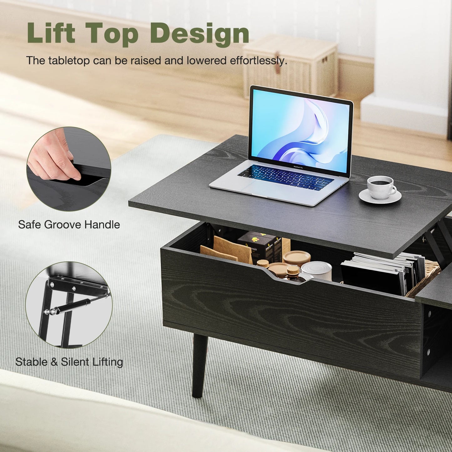 JHK Lift Top Coffee Table With Adjustable Storage Shelf