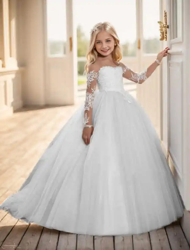 Abaowedding Lace Embroidery Sheer Long Sleeve Kids Gown