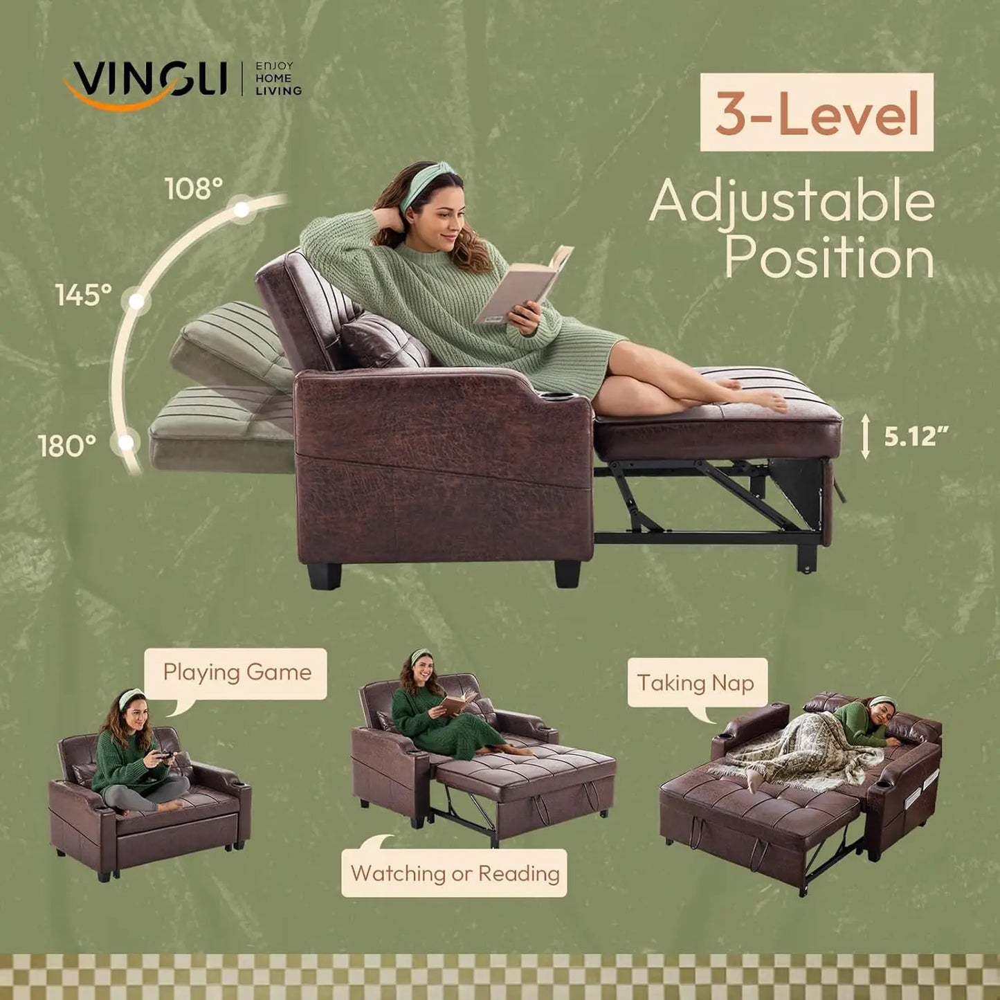 Rustic Futon Sofa Bed Convertible Loveseat With USB Ports