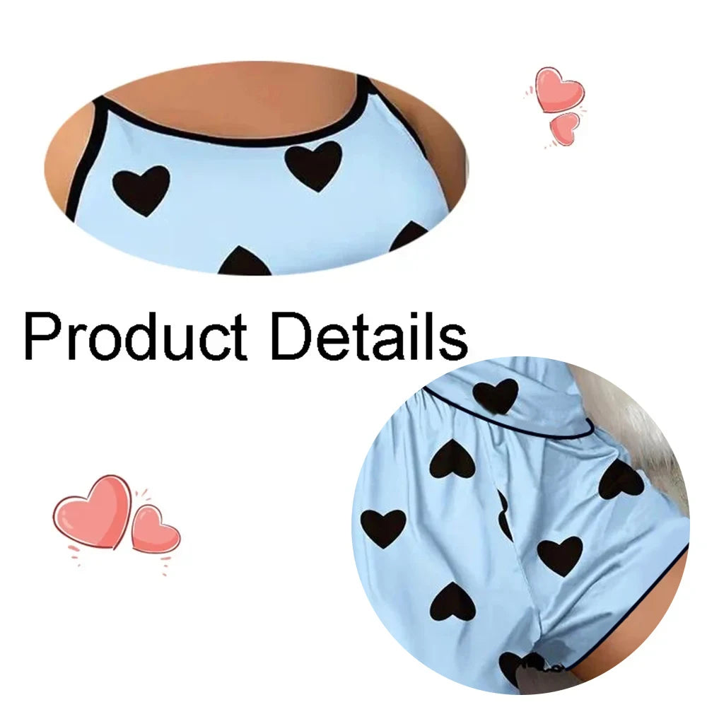 Women Pajama Set Sleeveless T Shirt Shorts Heart Print Summer