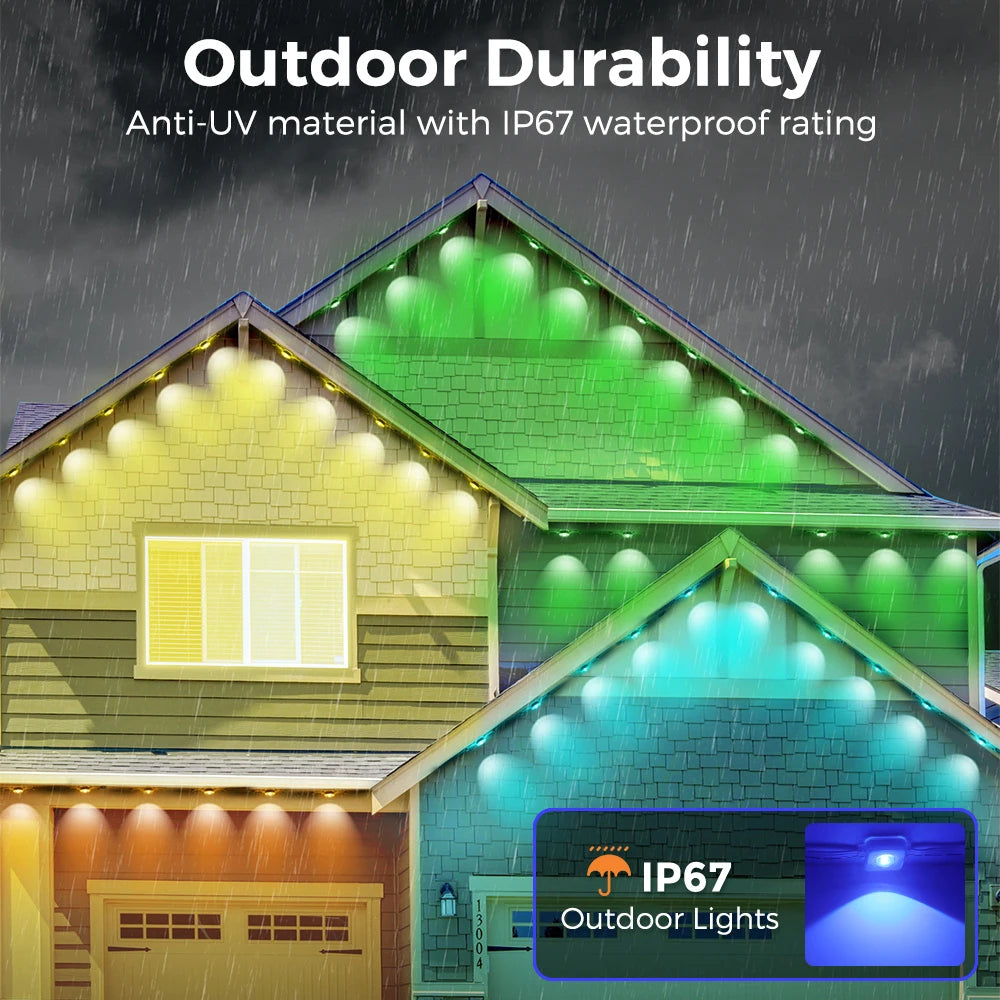 Smart RGB Northern Lights Outdoor Eaves String Lights 100ft 60 LEDs IP68 Waterproof for Christmas Parties and Holidays