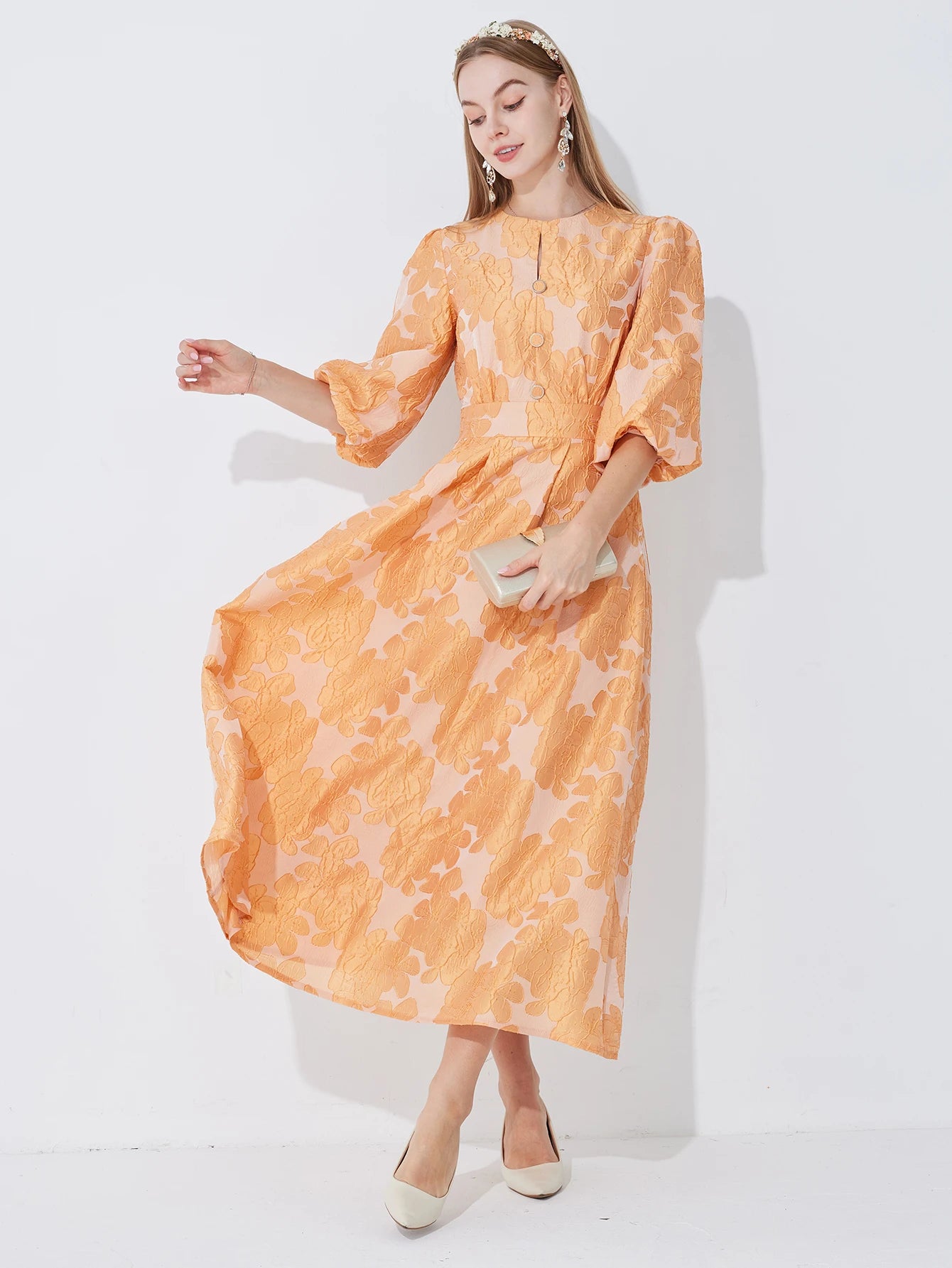 DEVCHATACN Elegant Jacquard Dress With Fitted Waist And Side Pockets