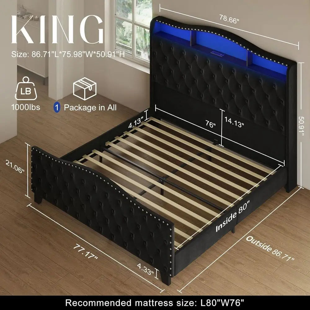 Wingback Velvet Upholstered Bed With LED Lights Storage Charging