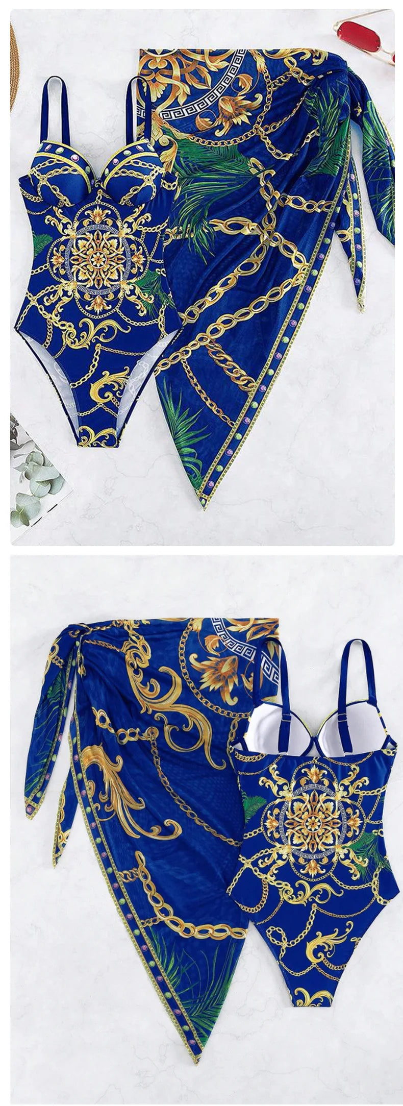 Underwire Push Up Women's Two Piece Bikini Swimsuit Chains Print